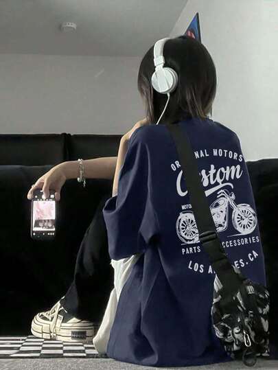 レディース カジュアル ルーズフィット ラウンドネック レター&バイクグラフィック プリント 半袖Tシャツ、春夏に活躍