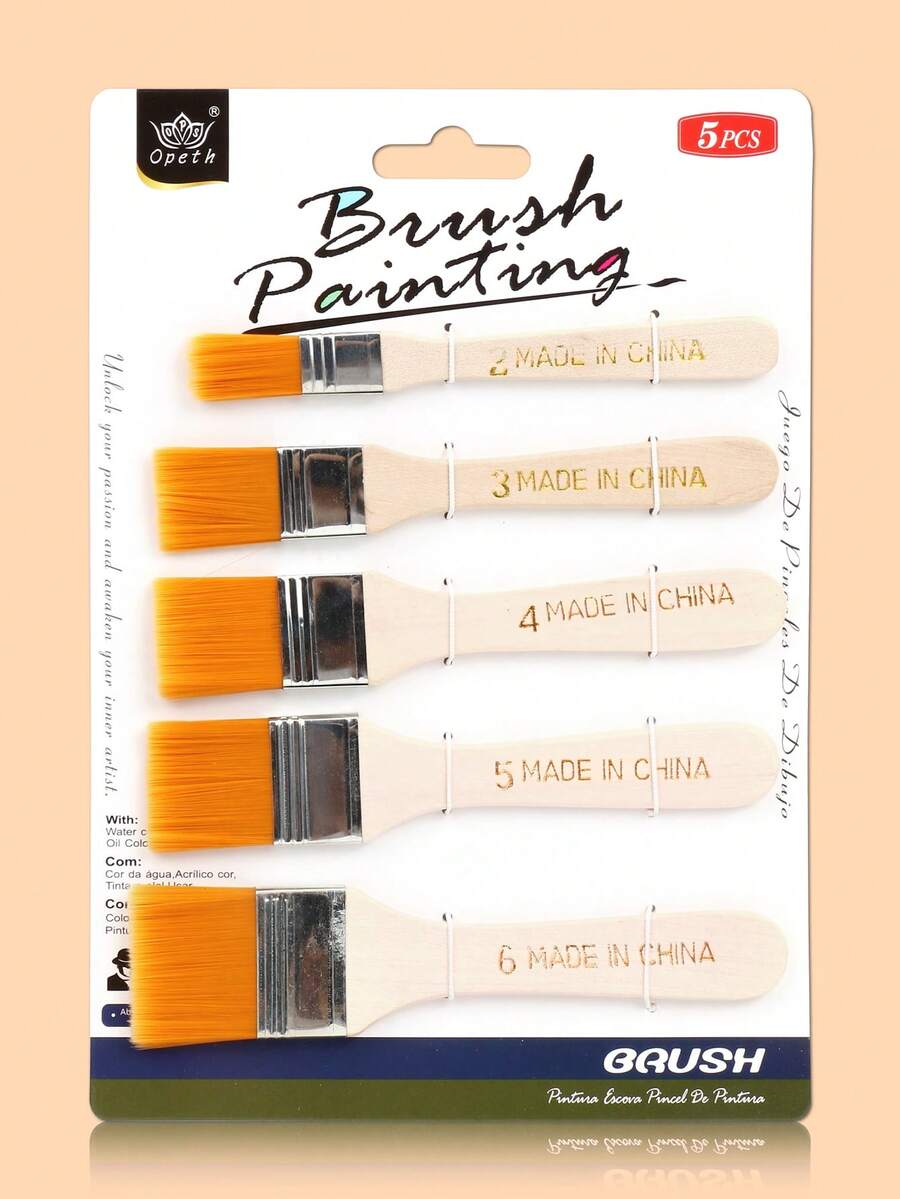 opeth 5支木柄尼龙毛画笔套装，2-6号画笔，适用于DIY涂鸦、各种颜料绘画、艺术创作、键盘清洁