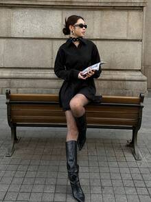 Women's Casual Mini Shirt Dress, Suitable For Spring And Autumn - Black - View 4