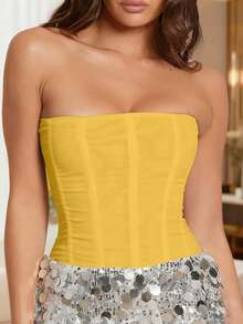 Áo croptop corset lưới xuyên thấu màu trơn gợi cảm Yuwenier, áo bustier không dây có gọng và dây buộc phía sau, trang phục dự tiệc/lễ hội/Halloween, trang phục đi nghỉ hè cho nữ. - Màu vàng - Xem 5