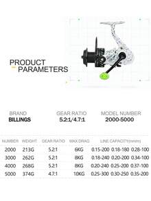 BILLINGS 纺车轮，最大拖拽力10公斤，齿轮比4.7:1/5.2:1，适用于海水和淡水，2000-5000系列，带金属线杯和摇臂 - 彩色 - 查看 7