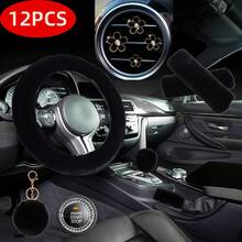 12pcs Winter Thick Plush Car Interior Set, Including Steering Wheel Cover, Seat Belt Shoulder Pads, Armrest Cover, Gear Shift Cover, Handbrake Cover, Pom-Pom Pendant, Small Daisy Decorative Clips - 12PCS - 查看 8