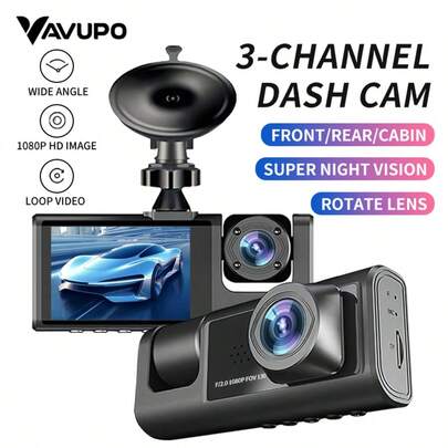 Vavupo 1080P高清行车记录仪，支持前后/驾驶室录像，配备可旋转镜头和环形视频——广角监控，确保行车清晰。