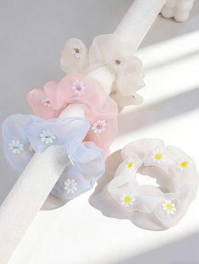 4pcs Solid Color Floral Hair Ring For Girls,Mesh Flower Decor Hair Ring For Girls,Fashion Hair Accessories For Girls Spring Gifts
