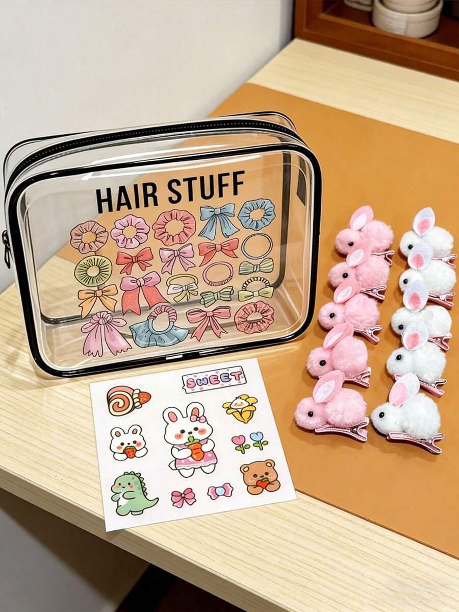 4pcs Rabbit Pattern White & Pink Hair Clips Set, Cute & Suitable For Daily Use, Easter Gift - Multicolor - View 1