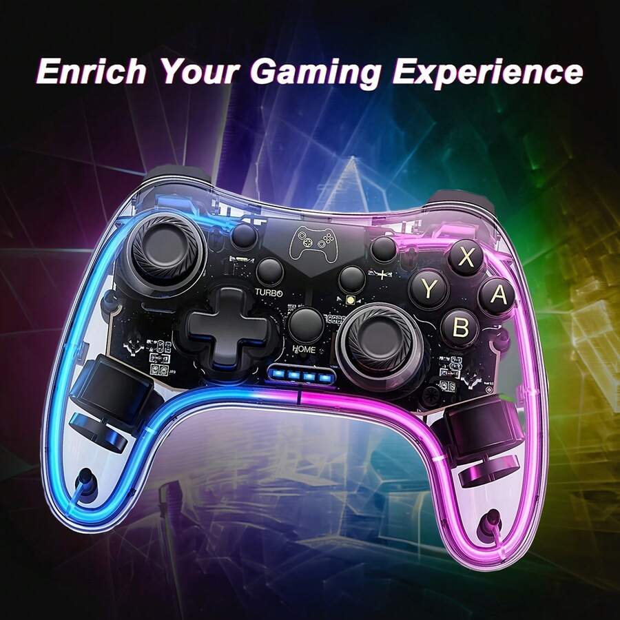 BONJDYOR Transparent Wireless Game Controller With RGB Lighting, 6-Axis Gyroscope, 360-Degree High-Precision Joystick, Dual Vibration Feedback, Compatible With Switch OLED/Lite, PC, Android, IOS Devices