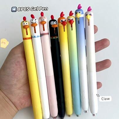 8 piezas Bolígrafo de gel con diseño de loro y pollito, bolígrafo creativo de animales de 0.5mm de secado rápido, color negro, útiles de oficina, pequeño regalo
