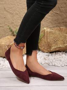 2026 女士经典平底纯色鞋，仿麂皮时尚套脚设计，柔软轻便，宽楦百搭，适合居家、办公、散步、旅行和度假等各种场合。 - 酒紅色 - 查看 5