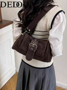 Dedoo New Vintage Fashion Square Bag, Metal Buckle Decor, Flap Opening Shoulder Bag. Adjustable Long Shoulder Strap, Small Capacity Lightweight Minimalist, Solid Color Soft Crossbody Bag. Suitable For Women's Daily Life, Casual, Commuting, Work, Vacation And Student Use - Coffee - View 4