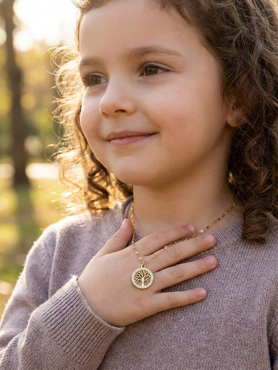 1 pièce Collier de la vie en forme de branche d'arbre plaqué or 18 carats, chaîne câble délicate avec cristaux incrustés, accessoire de style bohème minimaliste, convient comme cadeau pour les enfants et les filles - Doré - Voir 1