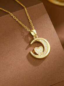 1pc Stainless Steel Moon Pendant Necklace, Inlaid With Rhinestones, Elegant Gift For Women - Gold - View 4