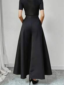 纯色口袋标女士阔腿裤，适合日常、返校、派对、机场、春秋季 - 黑色 - 查看 3