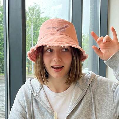 1pc Letter Embroidered Solid Color Washed Frayed Brim Foldable Soft Top Bucket Hat, Women Beach Sun Hat, Fashion Versatile