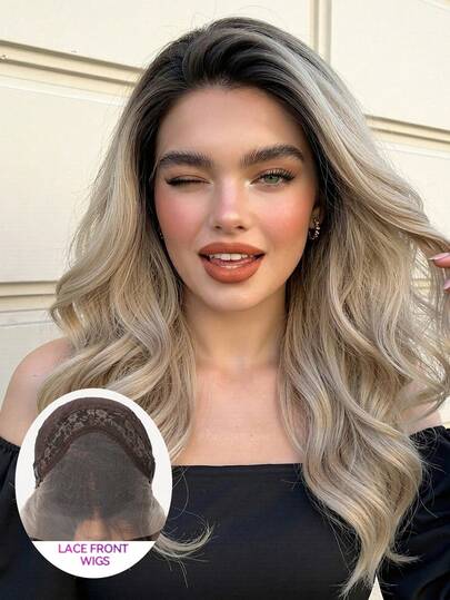 18-Inch Medium-Length Wavy Curls Wigs Black Blonde Ombre Natural Wig 13*4 Lace Front Hand Woven Lace Chemical Fiber Hair Daily Cosplay Imported Silk Party Wedding Music Festival Christmas Gift