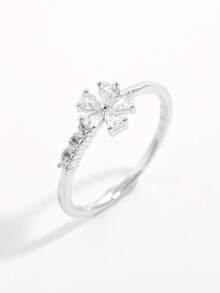 1pc Elegant Fashion Exquisite Shiny Classic 925 Silver Cubic Zirconia Flower Design Ring, Ideal Gift For Women For Date, Party, Daily Wear - Silver - View 2