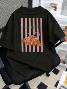 女士休闲短袖T恤，印有亮丽的羊角面包和条纹图案，圆领春夏上衣，女士T恤，秋季女装，秋季女装，秋季女装，冬季服装，冬季女装，女士外套，女装。 - 黑色 - 查看 3