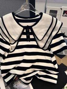 青少年女孩条纹短袖 T 恤，轻盈，时尚彼得潘领，时尚，女孩衬衫上衣，开学季 - 黑與白 - 查看 1