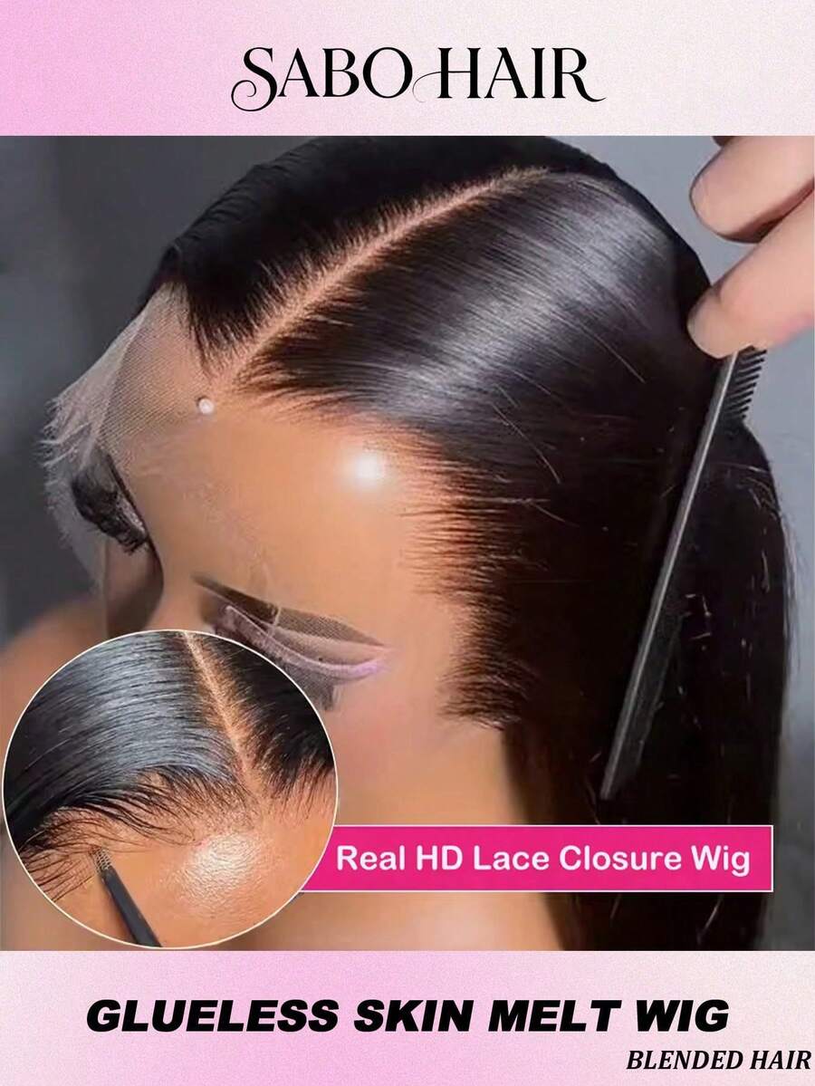 即戴即用免胶波波头假发，真人发混纺，直发，5x5预剪，高清蕾丝免胶假发，预拔毛，透明蕾丝前额闭合式假发，200%密度，26英寸