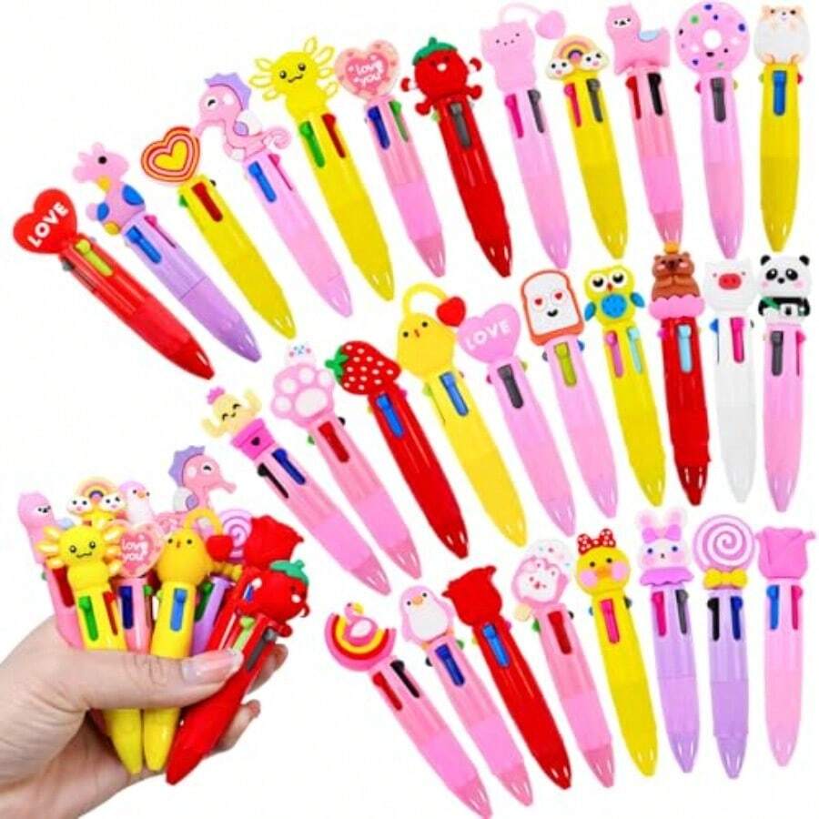 30 Pcs Valentine's Day Multicolor Pens Bulk 4 Colors In One Retractable 0.7mm Fun Animal Ballpoint Pens Valentines Stationery For Holiday Party Favors Office Supplies - 彩色30件 - 查看 1