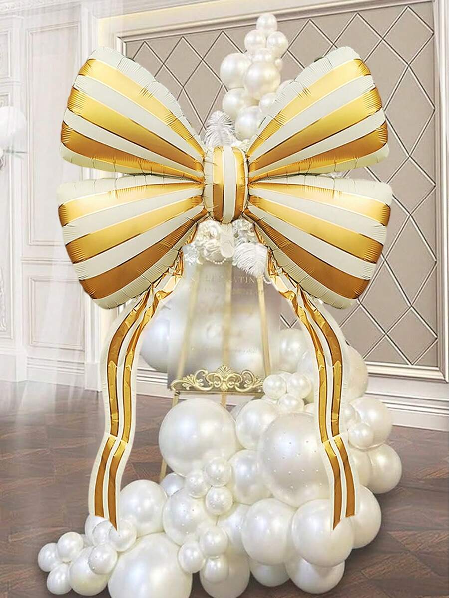 1pc 61-Inch Striped Bow Foil Balloon, Platinum Striped Bow Foil Balloon, Bow Decor Balloon, For Wedding, Engagement, Birthday, Bridal Shower, Proposal, Photo Shoot Decor, Princess Birthday Party, Bachelorette, Anniversary, Tea Party, Valentine's Day, Huge Bow Decor Background - Multicolor - View 1