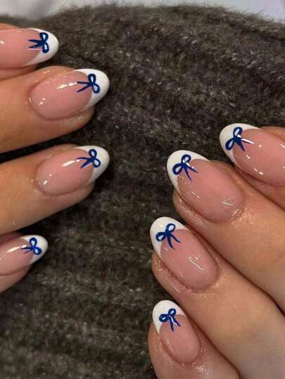 Y2K Blue Bow Minimalist French Style 24pcs Short Round Fake Nails, Nail Art Stickers Suitable For Any Occasion