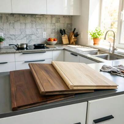 MIYORK Set de 3 tablas de cortar de madera con forma de libro, de palisandro, madera de caucho y madera de caucho carbonizada, combinación del mismo tamaño, especializadas para cortar verduras y carne, prop de fotografía de alta calidad para cocina moderna, textura de veta de madera natural, corte higiénico categorizado, utensilio de cocina de lujo