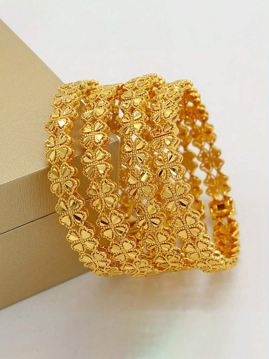 1pc 24K Gold Plated Middle Eastern Style Four-Leaf Flower Bangle Bracelet, Luxury African/Nigerian Women's Wedding Party Accessory, Bohemian Jewelry