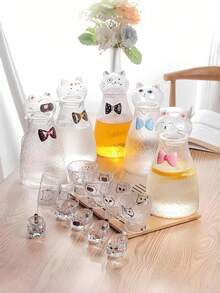 1pc Cute Bow Tie Cat Glass Handmade Carafe, High-Quality Cold Water Pitcher, Large Capacity Teapot For Home Use - Multicolor - View 12