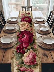 1pc Elegant Floral Table Runner, Suitable For Peony Pattern In Beige And Burgundy Tones, For Wedding, Party, Buffet Tables, Versatile Decor For Home, Restaurant, Events, Festivals, Size 13x35.4/47.2/63/72/78.7 Inches - Hot Pink - View 3