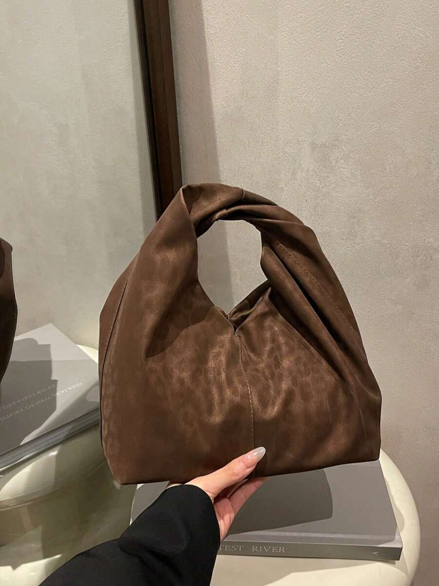 时尚百搭纯色新款PU单肩包，休闲简约纹理法棍小手提包，女士 - 棕色 - 查看 1