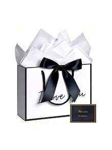 1pc "I Love You" Gift Bag, Paper Gift Bag, Lightweight Foldable Shopping Tote Bag, Perfect Gift Bag For Girlfriend, Boyfriend, Husband, Wife, Partner - Black & White Birthday Decor, Birthday Gift, Celebration Accessory, Decorated With Ribbon, Durable, Event Planning, Fashionable Packaging, Sturdy Material, Women Gift - Multicolor - View 21