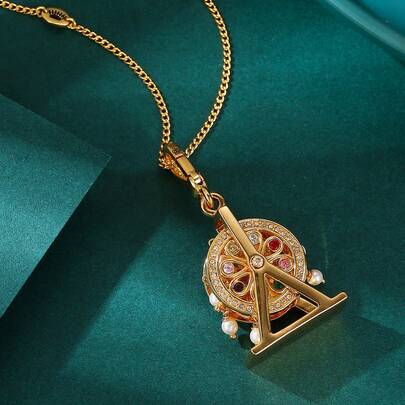 1件时尚高品质彩色立方氧化锆珍珠流苏旋转摩天轮吊坠项链，适合女士日常佩戴