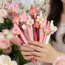 12pcs/Set Sakura & Peach Flower Pattern Random Style (2pcs Pens + 10pcs Refills) 0.5mm Black Ink Retractable Ballpoint Pens, Cute & Beautiful Stationery Suitable For School, Office, Diary, Students, Girls - Multicolor - View 6