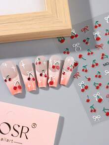 2片5D立体樱桃图案自粘塑料美甲贴纸，甜美可爱白底红蝴蝶结设计，DIY美甲装饰 - 彩色 - 查看 5