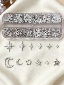12pcs/Box Metal Butterfly & Heart Shaped Nail Decorations, Y2K Style Hollow Heart, Bow, Moon, Star Shiny Star Nail Rivets, DIY Nail Accessories Nails - Silver - View 7