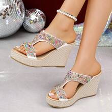 Giày sandal đế xuồng mùa hè mới dành cho nữ, sandal cao gót thoải mái phong cách bohemian. - Màu be - Xem 13