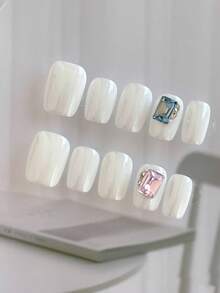 10pcs It Mainly Features A Milky White Color Scheme, Exuding A Gentle And Luxurious Vibe. The Design Is Highlighted With Square-Cut Pink And Blue Gem Accents, Creating A Delicate And Stylish Contrast. This Elegant Style Is Perfect For Adding A Touch Of Sophistication To Any Outfit, Making It Suitable For Special Occasions, Formal Events, And Daily Outings That Demand A Refined Appearance. - White - View 2