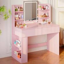 Devoko Dressing Table With LED Lighting, 3 Colors With Adjustable Brightness, Dressing Table With Mirror For Make-Up, Cosmetic Table With Adjustable Shelves, 2 Drawers, Modern, White - 查看 4