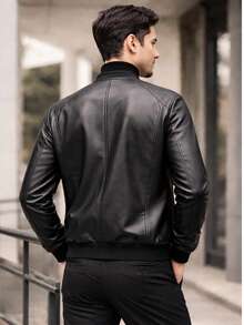 Faux Leather Jacket With Collar And Cuffs, Autumn/Winter, Regular Fit, Zipper Pocket, Spring Festival - 黑色 - 查看 2