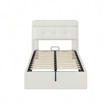 Elegante cama tapizada, 90x200 cm, base hidráulica, almacenaje oculto en el cabecero, compartimento de almacenaje, tapizado de poliuretano, somier de láminas y cabecero a juego, colchón no incluido, color blanco - Blanco - Ver 8