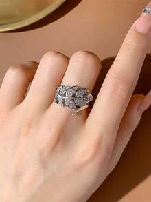 Asymmetrical Feather Wing Cubic Zirconia Ring, Unique Design Jewelry Gift For Women - White - View 3