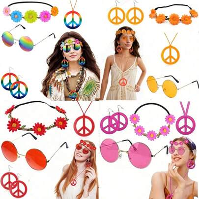 4pcs Hippie Costume Set - Glasses, Headband, Peace Sign Earrings, Necklace, Bohemian Accessories For 1960s-1970s Costume
