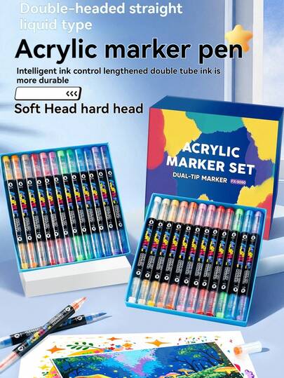 12/24/36/48/60/72/120/168 Pcs Acrylic Marker Pen Set, Dual-Tip Liquid Ink Markers, 160 Colors With Soft & Hard Nibs, Quick-Drying, Art Supplies For Rock Painting, Canvas, Stone, Glass, DIY Crafts, School Use