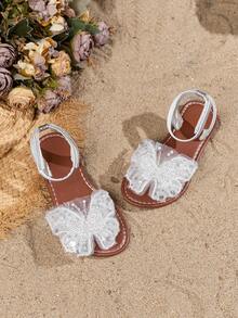 1 Pair Girls' Flat Sandals, Sequin Pearl Lace Butterfly Design, Versatile Silver Glitter, Dreamy Summer Sandals Suitable For Matching Outfits, Travel, Vacation - Silver - View 2