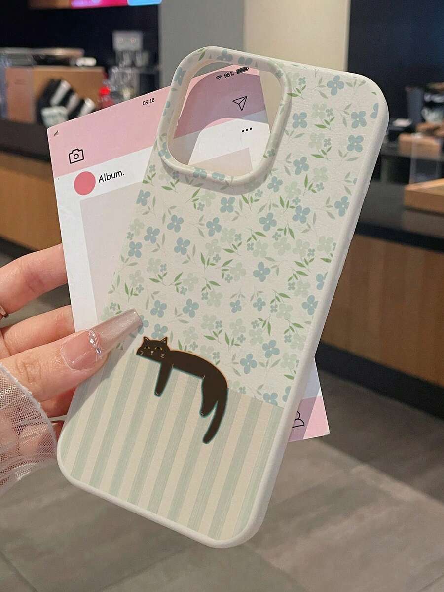 慵懒黑猫与花卉条纹手机壳，乳白色耐磨荔枝纹理呈现优雅浅蓝色调，触感细腻防滑，防指纹防油，治愈系甜美风格手机壳，兼容和Galaxy - 白色 - 查看 1