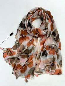 1pc Simple Printed Scarf, Lightweight & Breathable Tassel Shawl, Elegant & Fashionable Design For Women, Versatile Silk Scarf For Spring/Summer, Outdoor Sun Protection Beach Wrap, Headscarf For Dress - 咖啡棕色 - 查看 11