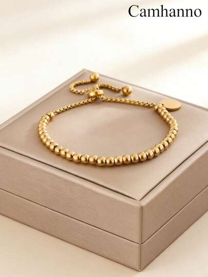 Camhanno 1pc Chic And Graceful Stainless Steel Bracelet, Suitable For Cozy Dating Moments, Lively Party Gatherings, Daily Urban Commuting, And Heartfelt Gifting, Boasting A Durable Polished Metal Finish That Blends Practicality With Artistic Design, Featuring A Dual-Layer Beaded And Cable Chain With A Round Disc Charm, Comfortable To Wear From Morning Commute To Evening Party, Easy To Match With Dresses, Blouses Or Casual Denim Wear For A Stylish Statement