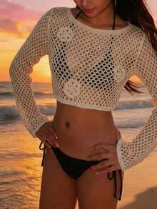 Sexy Women's Sheer Knit Long Sleeve Crop Top, Boat Neck Cover-Up, Suitable For Beach Vacation Summer - Apricot - View 1