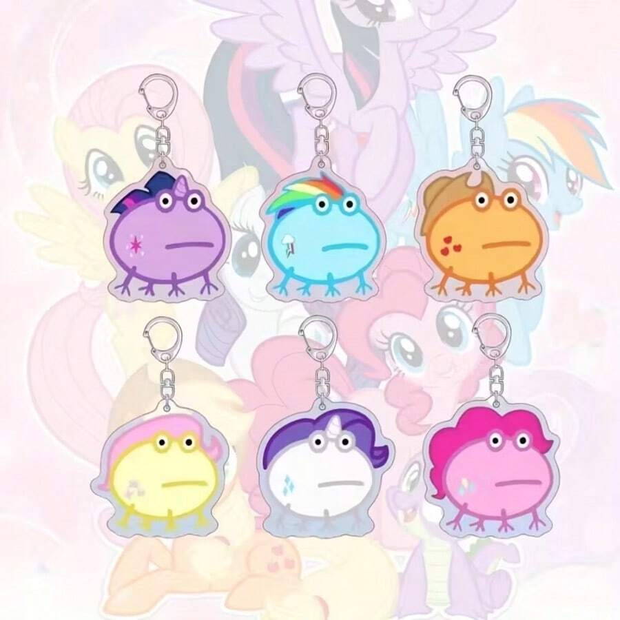 MY LITTLE PONY 6件/套 小马宝莉趣味青蛙亚克力钥匙扣套装，包含萍琪派、柔柔、暮光闪闪、云宝黛西、瑞瑞和苹果杰克，圣诞节和万圣节包包挂饰，可爱的小马装饰品，适合女性和小马粉丝 - 彩色 - 查看 1
