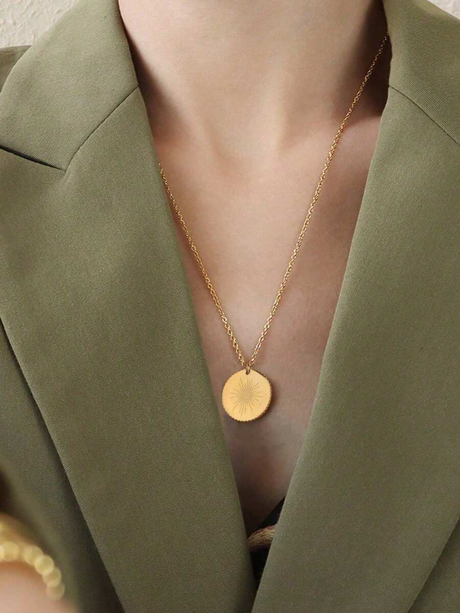 1pc Minimalist Gold Tone Stainless Steel Necklace, Evil Eye Sunburst Coin Pendant, Ideal For Office & Daily Wear - Yellow Gold - View 1